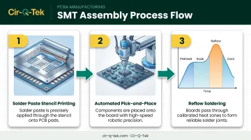 3-step SMT assembly process flow from stencil printing to reflow soldering