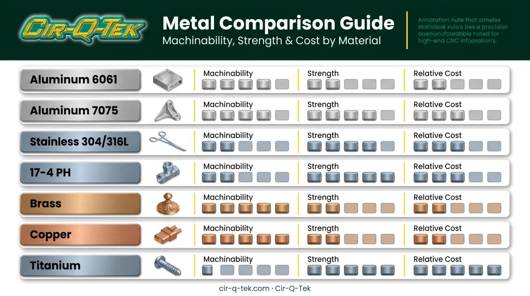 Comparison chart of seven CNC machining metals by strength and cost