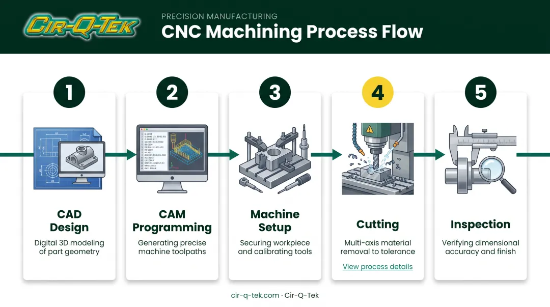 5-step CNC machining workflow from CAD design to inspection