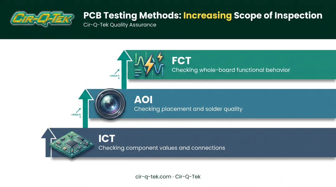 ICT AOI and FCT complementary testing coverage across PCBA defect types