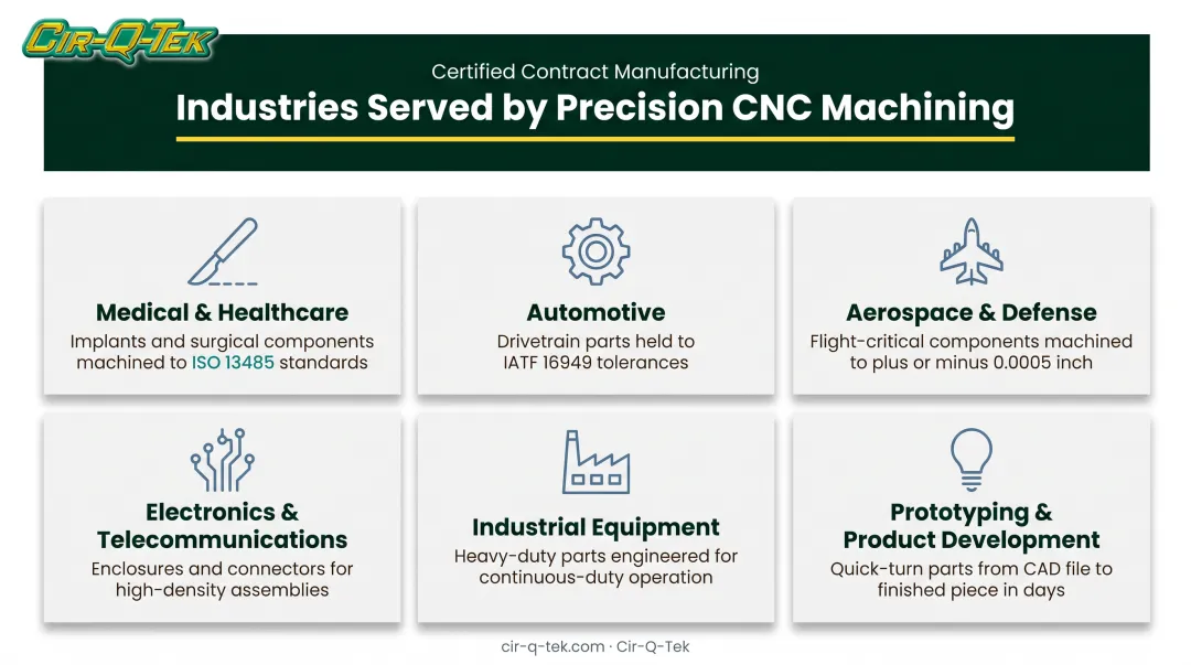 Six key industries served by precision CNC machining infographic