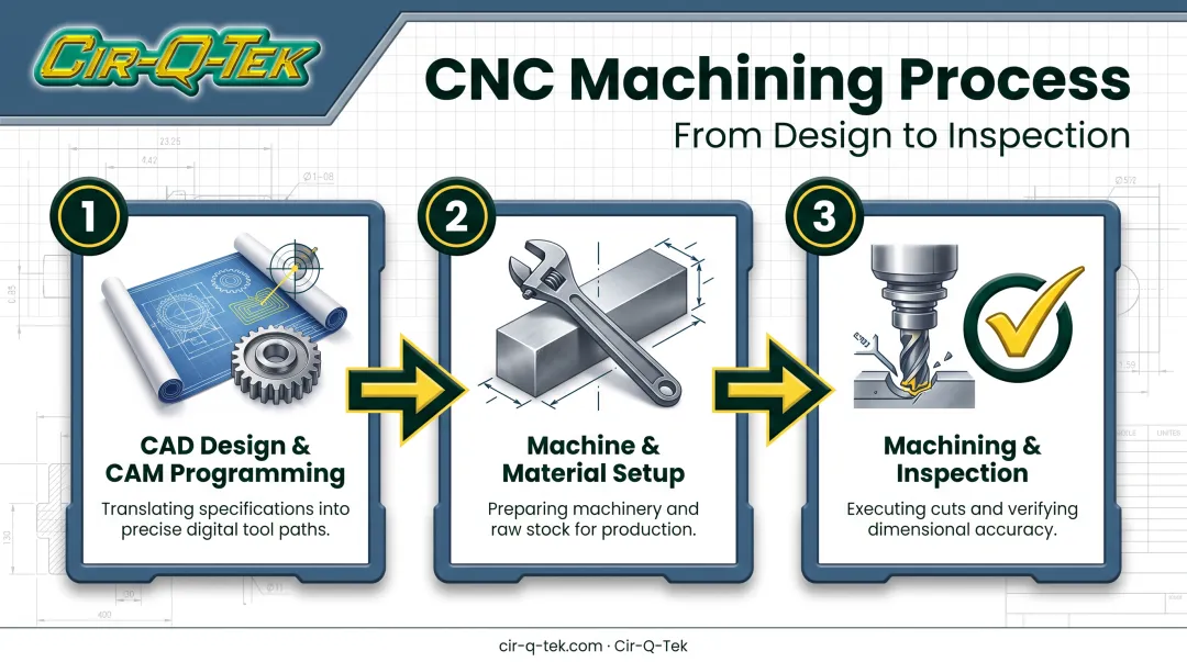 3-step CNC production machining workflow from design to inspection