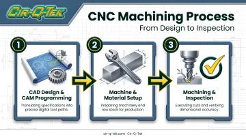 3-step CNC production machining workflow from design to inspection