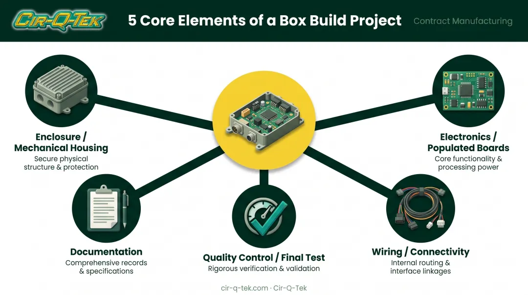Core elements of box build assembly process components diagram