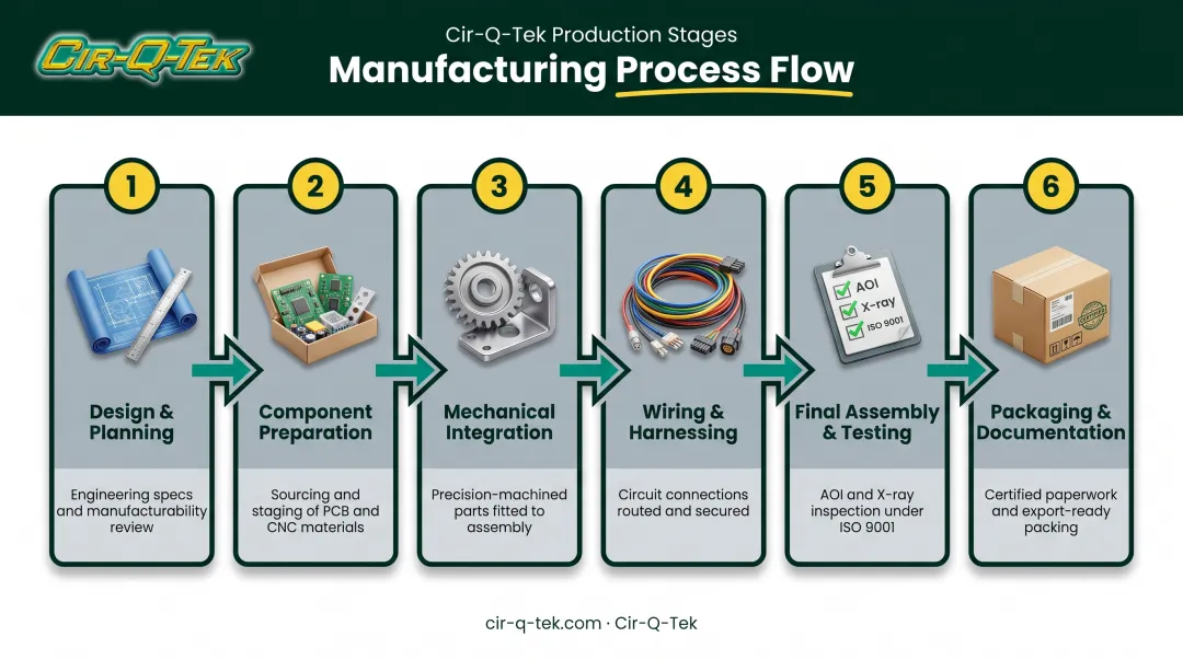 Six-step box build assembly process flow from design to shipping