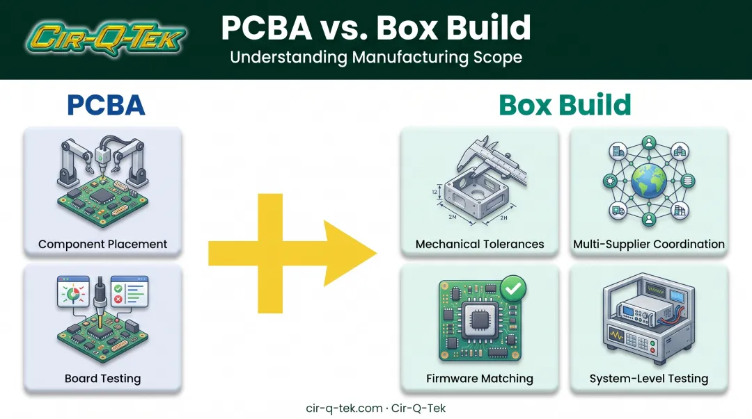 PCB assembly versus box build assembly complexity comparison chart