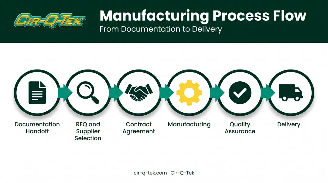 Six-stage build to print manufacturing process flow from documentation to delivery