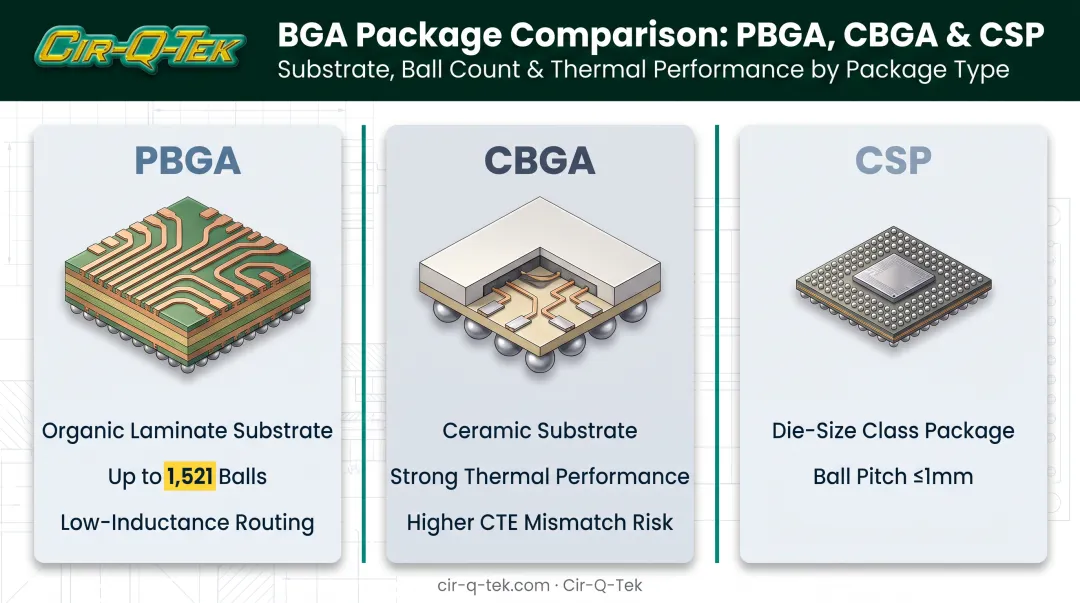 PBGA CBGA and CSP ball grid array package types comparison chart