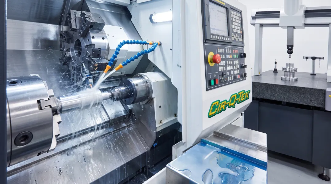Precision CNC lathe turning metal shaft with tight tolerance inspection