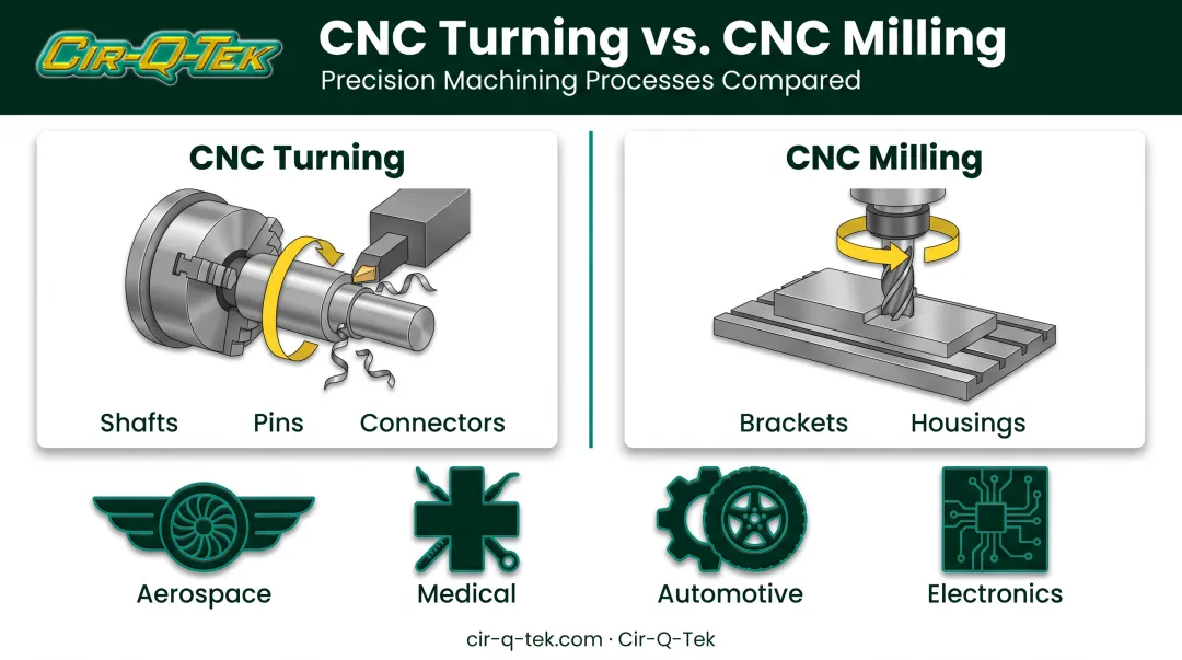 CNC turning versus milling process comparison diagram with cylindrical parts
