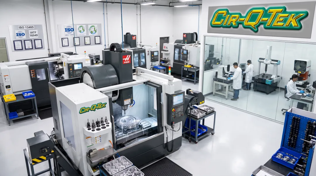 CNC machining facility with multi-axis milling equipment and certification badges