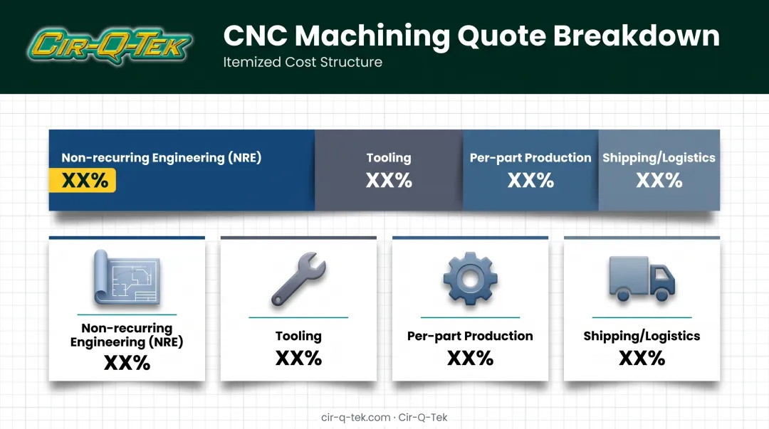 Itemized CNC machining quote breakdown showing four cost categories