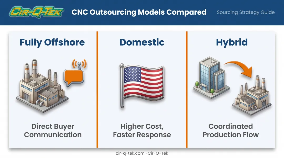 Hybrid CNC outsourcing model comparing offshore domestic and hybrid structures