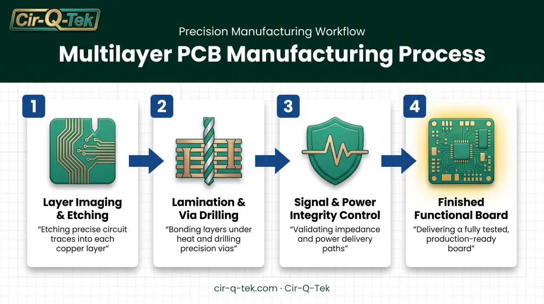 4-stage multilayer PCB manufacturing process from etching to finished board