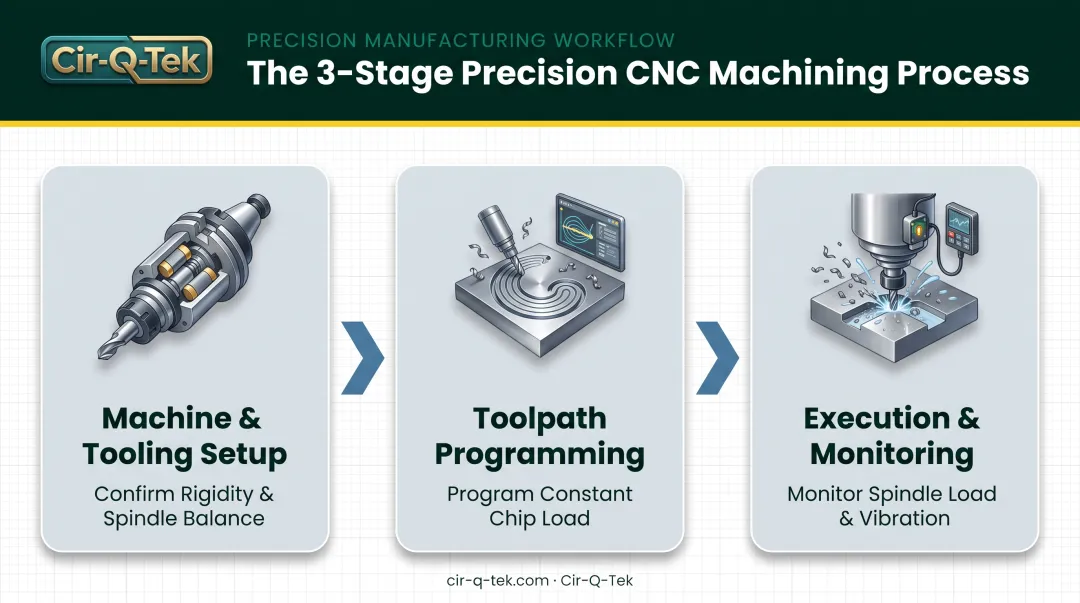 3-step high-speed machining process from setup to monitoring