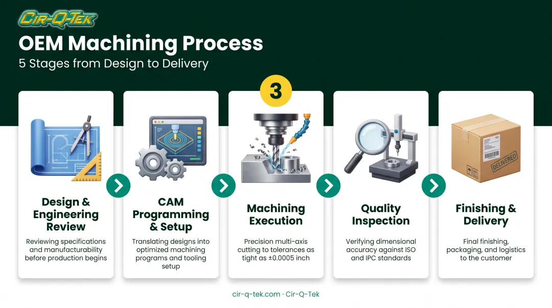 5-step OEM machining workflow from design review to delivery