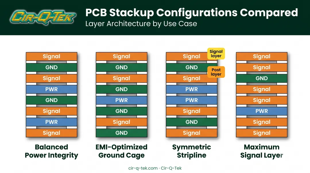 Four 8-layer PCB stackup configurations comparing signal and plane arrangement