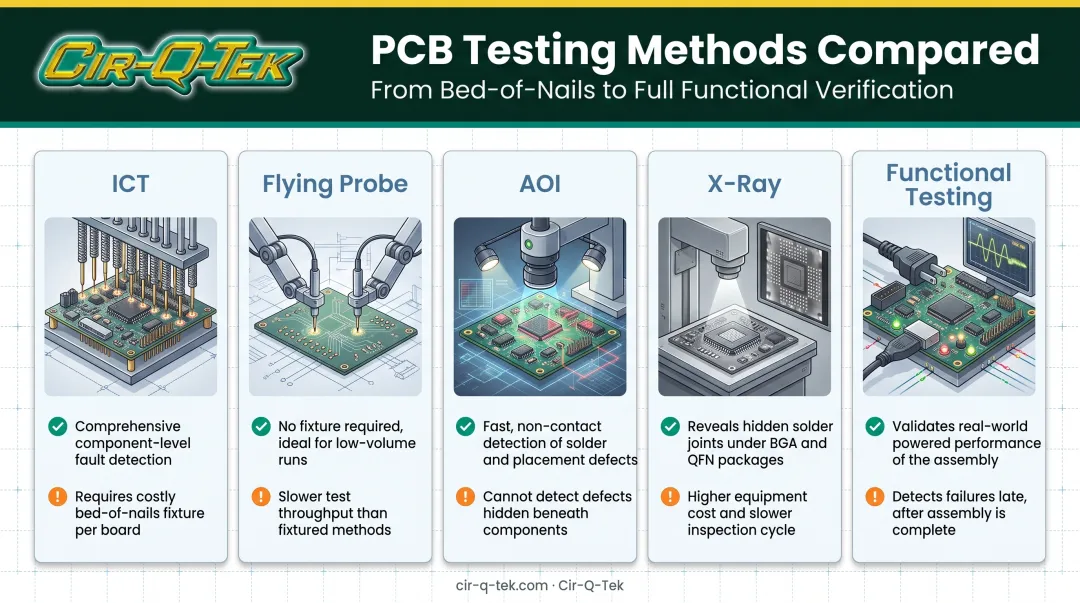 Comparison chart of five PCB assembly testing methods and their tradeoffs