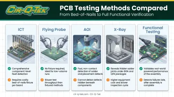 Comparison chart of five PCB assembly testing methods and their tradeoffs