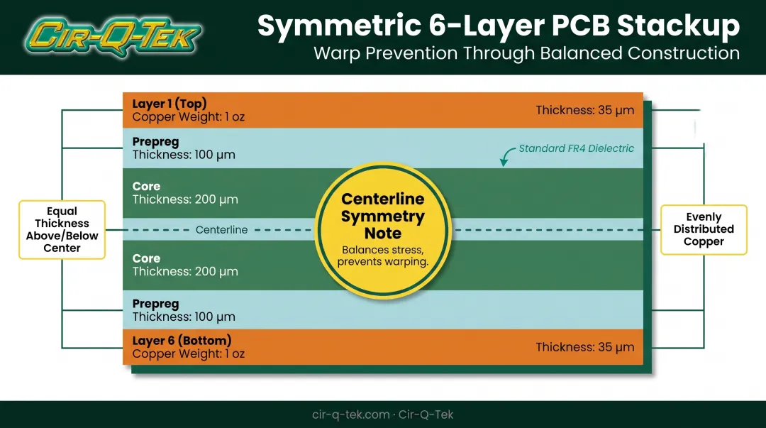 Symmetric 6-layer PCB stackup showing balanced core and prepreg structure