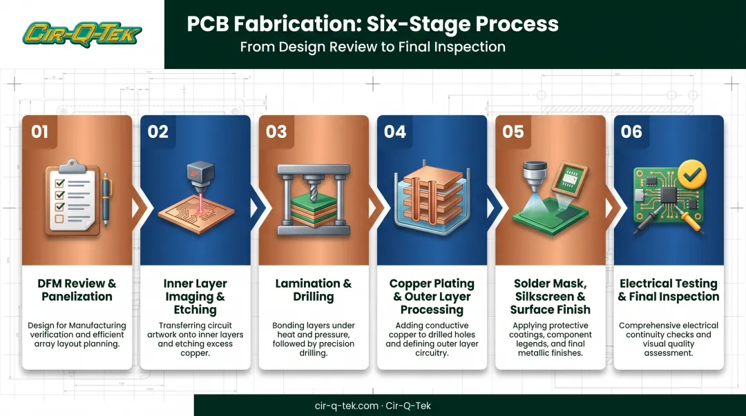 6-step PCB manufacturing process from DFM review to final inspection