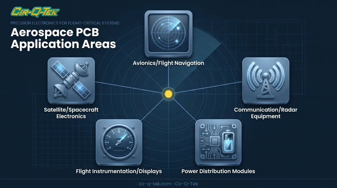 Five primary aerospace PCB assembly application areas with icons