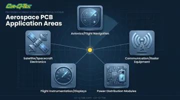 Five primary aerospace PCB assembly application areas with icons