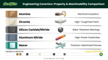 Five ceramic materials compared by property machinability and application