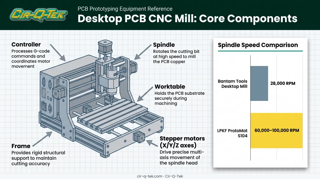 Desktop PCB CNC mill anatomy diagram showing five core components