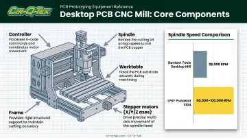 Desktop PCB CNC mill anatomy diagram showing five core components
