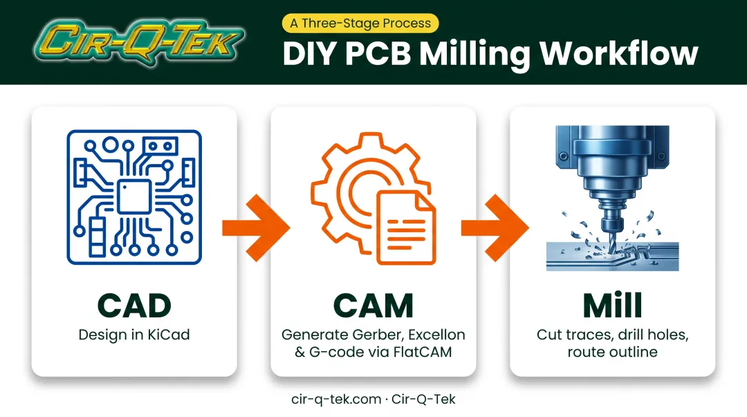 CAD to CAM to Mill three-step PCB milling workflow diagram