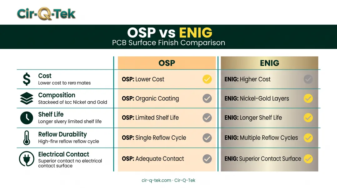 OSP versus ENIG surface finish comparison chart across five factors