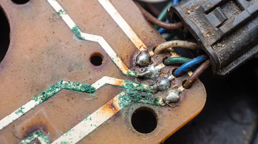 Automotive sensor control board showing corrosion at solder connections