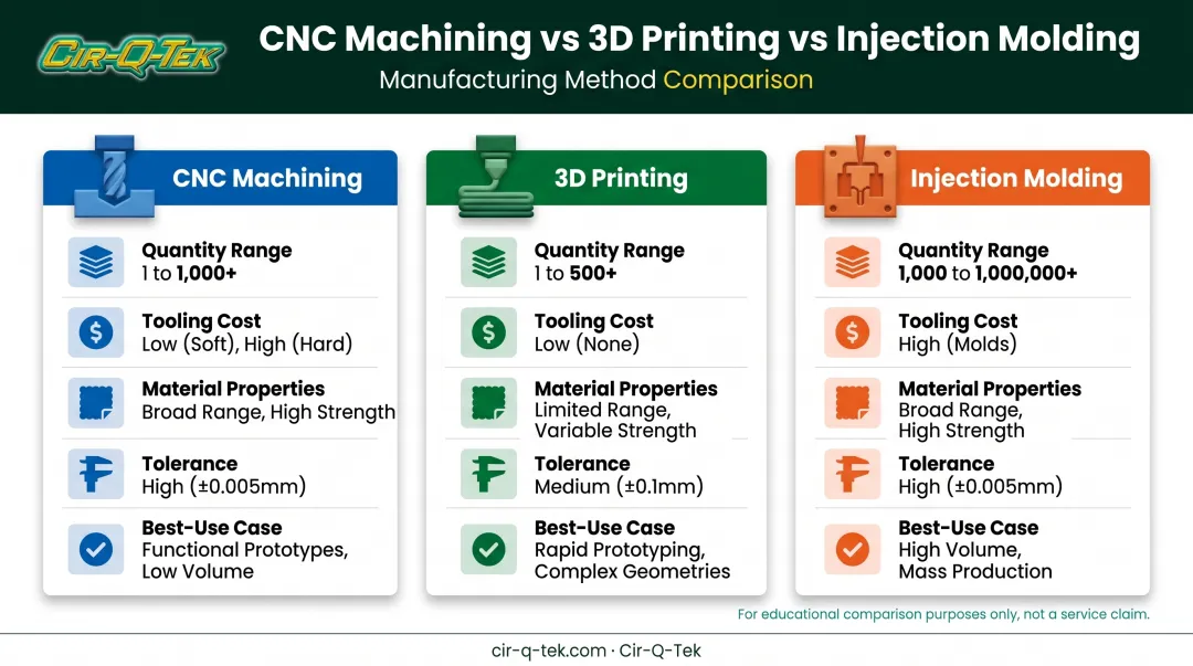 CNC machining versus 3D printing versus injection molding comparison table