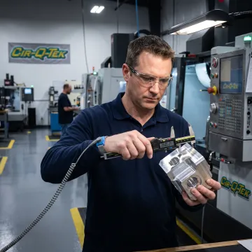 Technician inspecting a precision-machined component