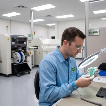 Technician inspecting a printed circuit board assembly