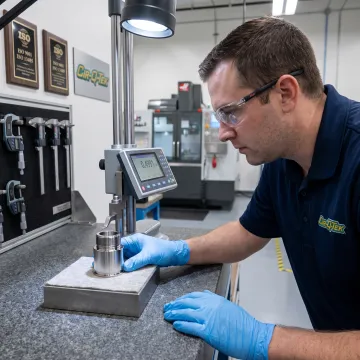 Technician inspecting a precision medical CNC component