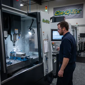Precision CNC machine producing a metal component