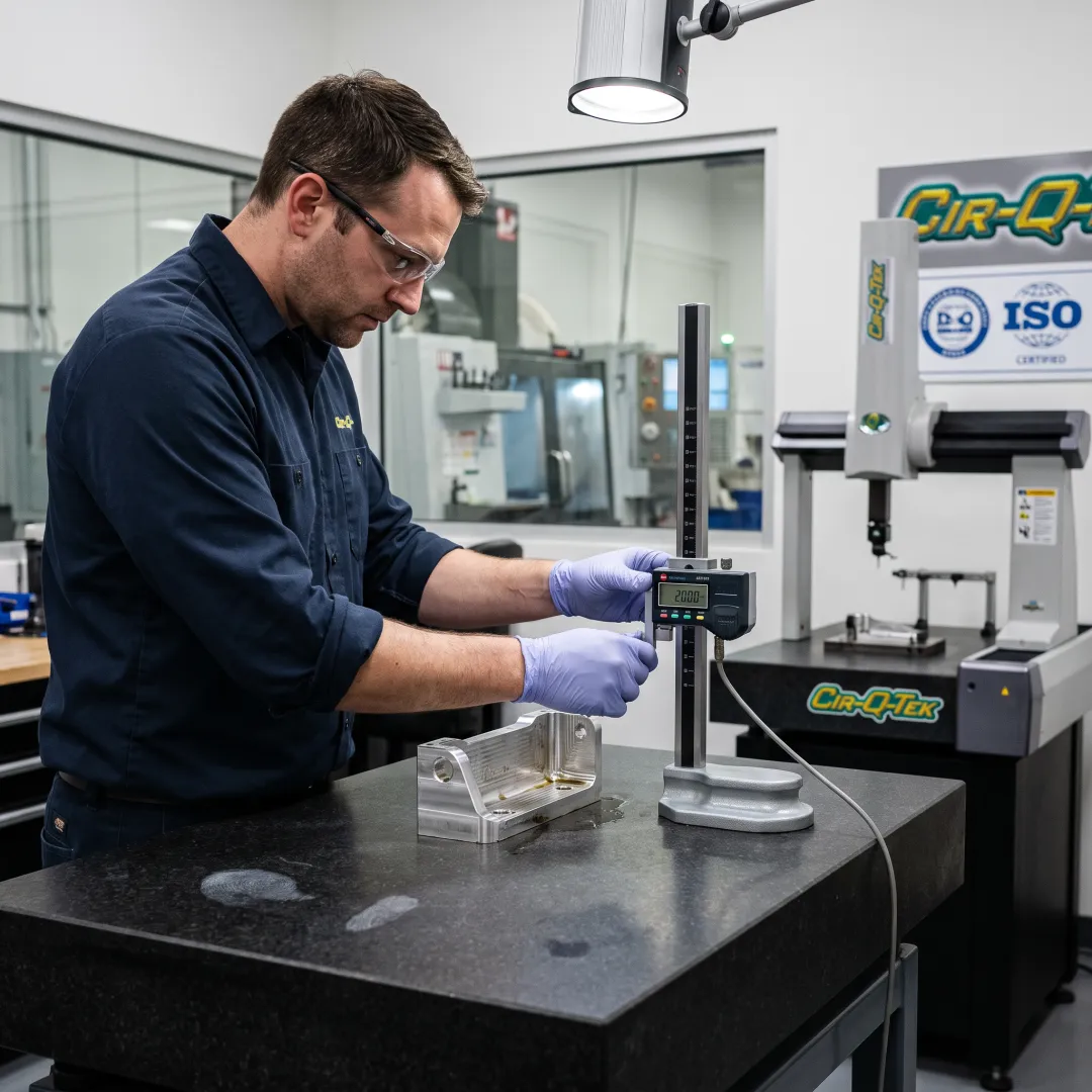 Inspector measuring a CNC-machined automotive part