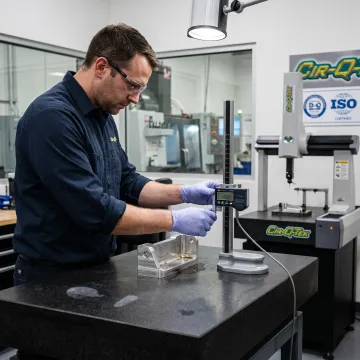 Inspector measuring a CNC-machined automotive part