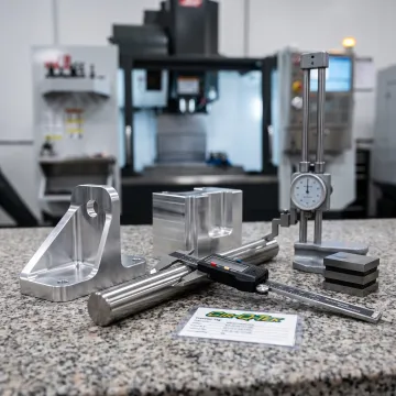 Precision-machined metal components on a workbench