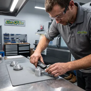 Technician inspecting a precision-machined component