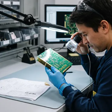 Engineer inspecting a high-current printed circuit board