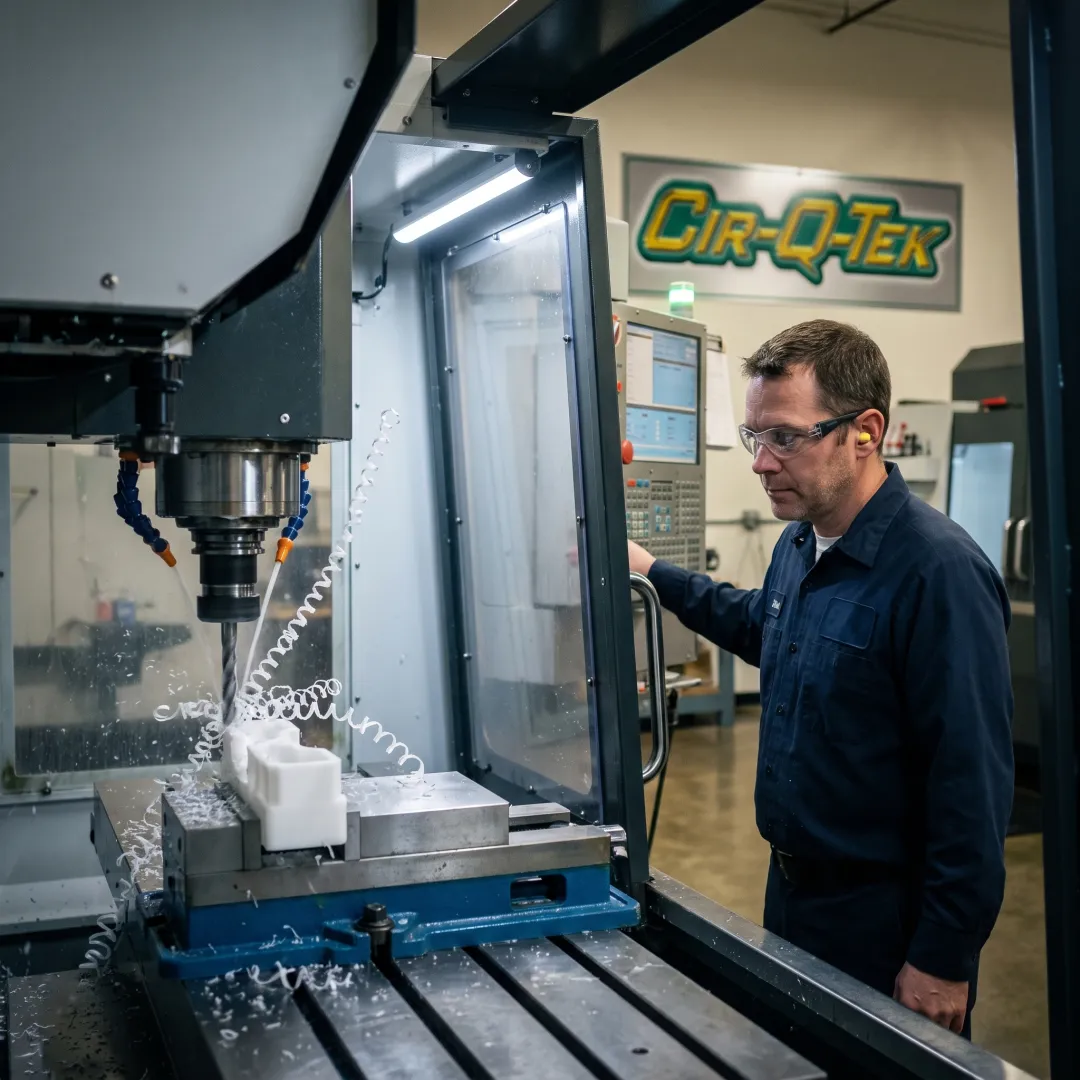 CNC machine producing a precision plastic part