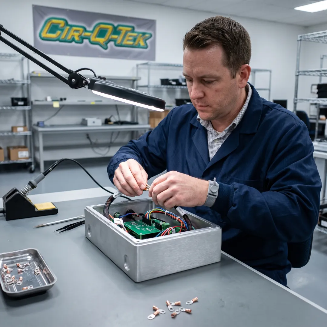 Technician assembling an industrial control box