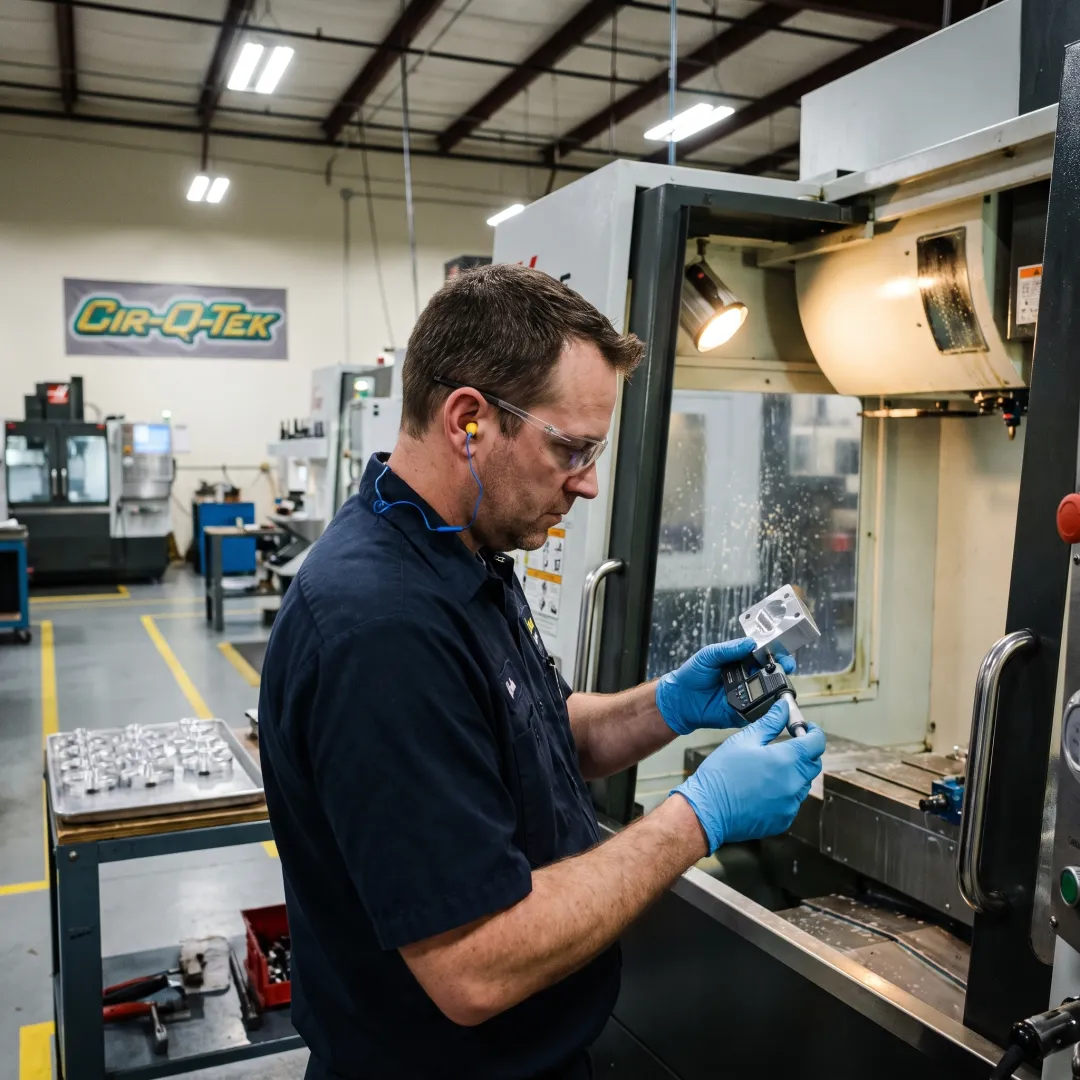 Technician inspecting a precision CNC part