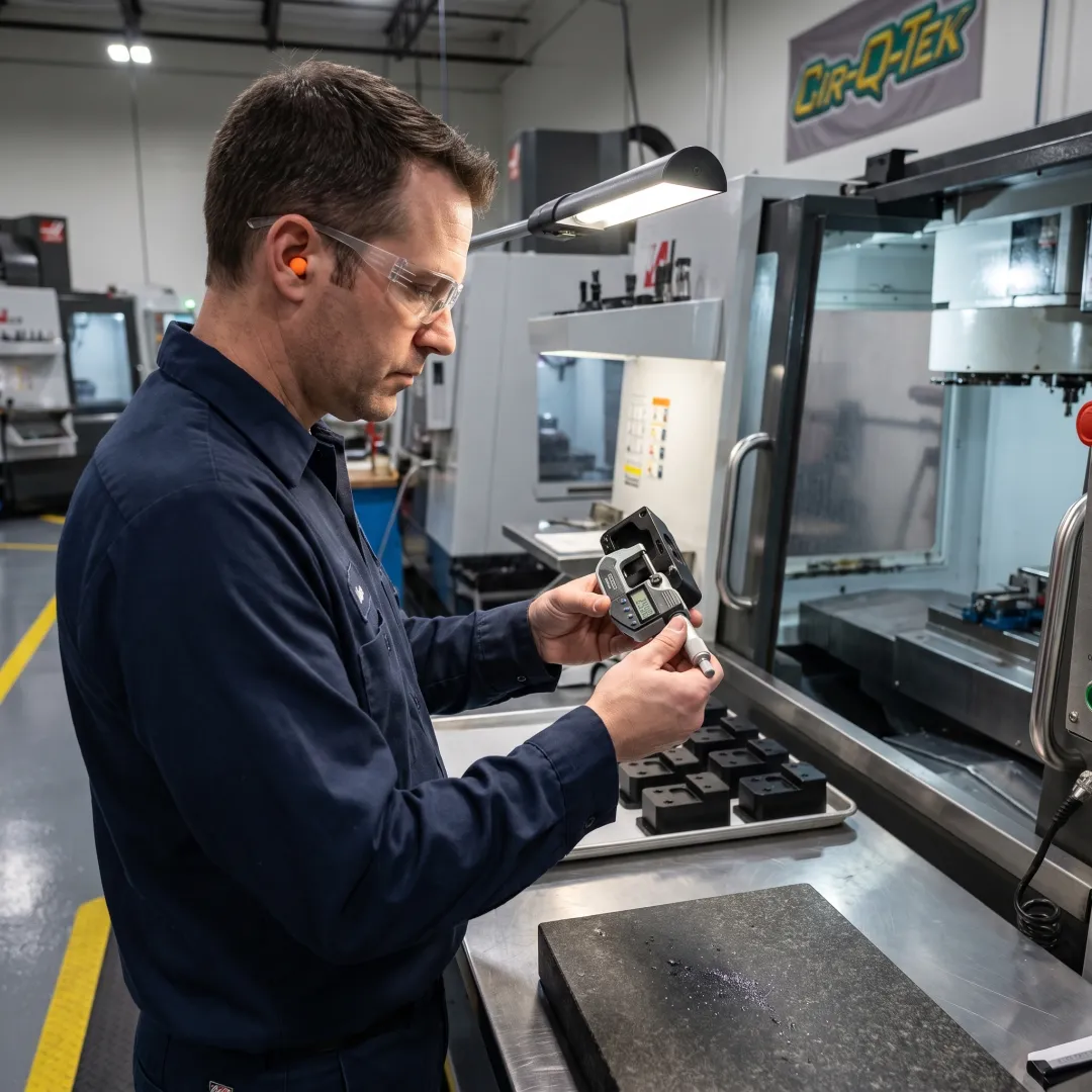 Technician inspecting a machined plastic part