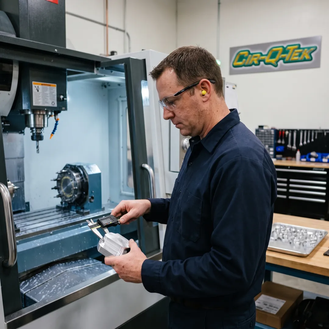 Engineer inspecting a custom CNC-machined component