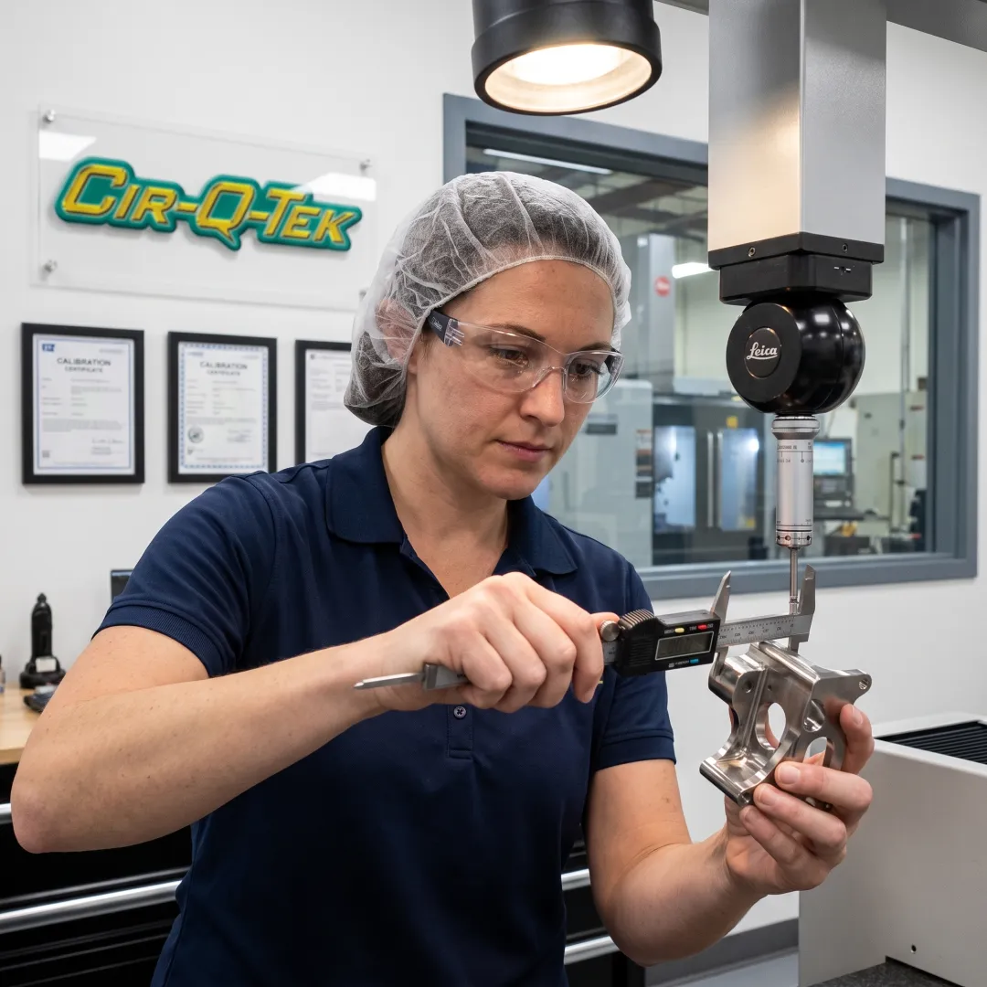 Inspector measuring a stainless steel CNC part