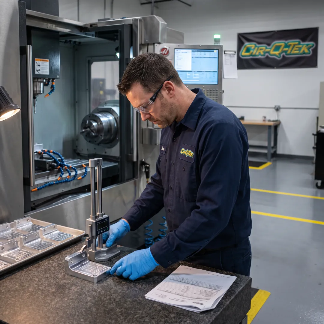 Engineer inspecting a CNC-machined prototype part